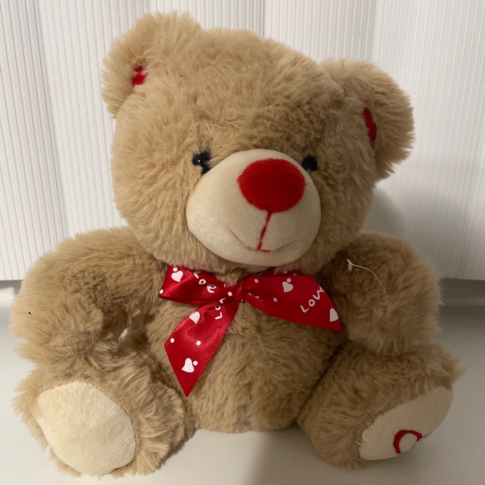 Cute Teddy Bear Plush Stuffed Animal Valentines Gift Hearts And Love Red Bow 9”